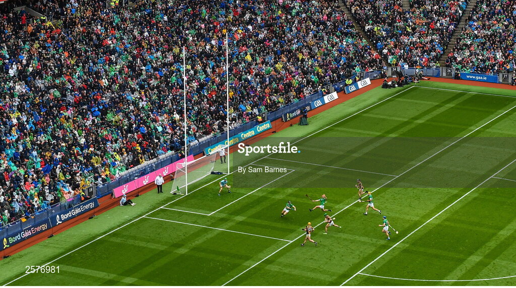 23 July 2023; Eoin Cody of Kilkenny scores his side's first goal during the GAA Hurling All-Ireland Senior Championship final match between Kilkenny and Limerick at Croke Park in Dublin. Photo by Sam Barnes/Sportsfile