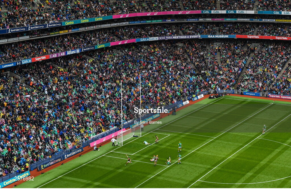 23 July 2023; Eoin Cody of Kilkenny celebrates after scoring his side's first goal during the GAA Hurling All-Ireland Senior Championship final match between Kilkenny and Limerick at Croke Park in Dublin. Photo by Sam Barnes/Sportsfile