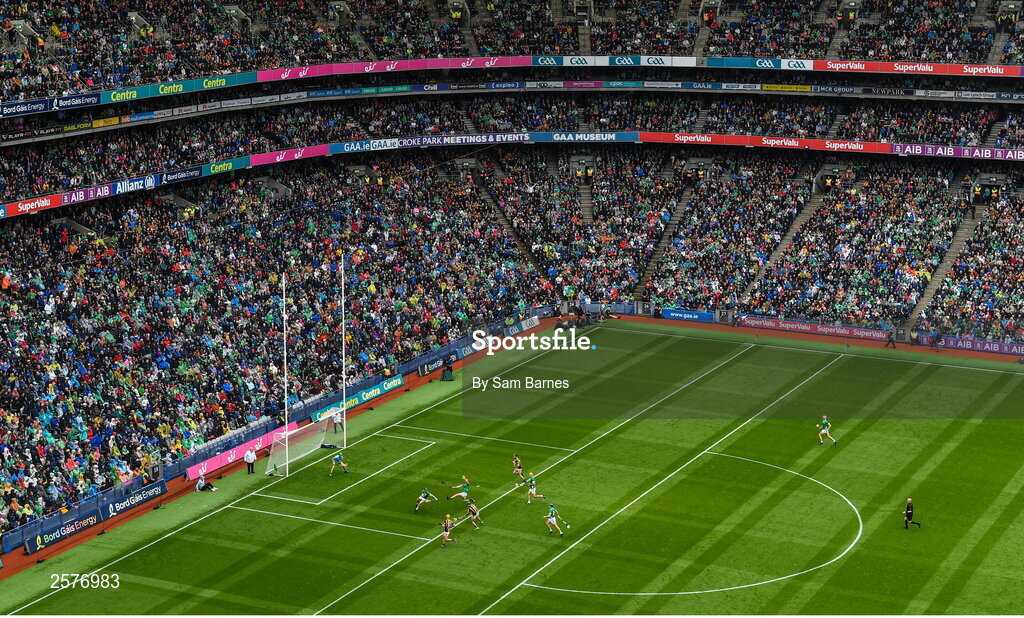 23 July 2023; Eoin Cody of Kilkenny scores his side's first goal during the GAA Hurling All-Ireland Senior Championship final match between Kilkenny and Limerick at Croke Park in Dublin. Photo by Sam Barnes/Sportsfile