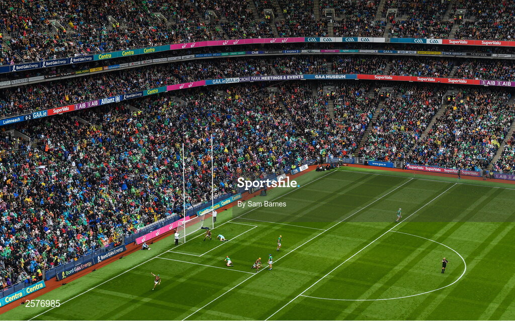 23 July 2023; Eoin Cody of Kilkenny celebrates after scoring his side's first goal during the GAA Hurling All-Ireland Senior Championship final match between Kilkenny and Limerick at Croke Park in Dublin. Photo by Sam Barnes/Sportsfile