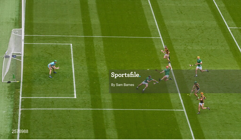 23 July 2023; Eoin Cody of Kilkenny scores his side's first goal during the GAA Hurling All-Ireland Senior Championship final match between Kilkenny and Limerick at Croke Park in Dublin. Photo by Sam Barnes/Sportsfile