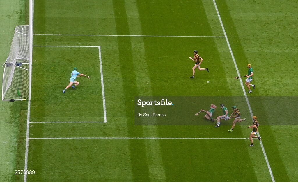23 July 2023; Eoin Cody of Kilkenny scores his side's first goal despite the efforts of Limerick goalkeeper Nickie Quaid during the GAA Hurling All-Ireland Senior Championship final match between Kilkenny and Limerick at Croke Park in Dublin. Photo by Sam Barnes/Sportsfile