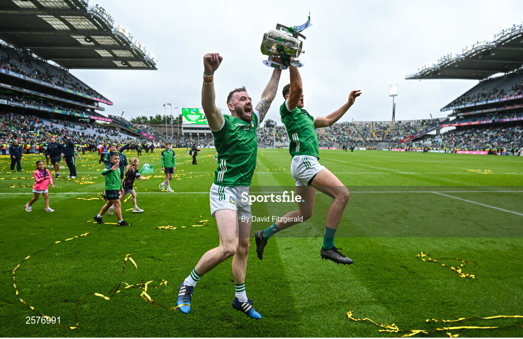 23 July 2023; Oisín O'Reilly, left, and Cathal O'Neill of Limerick celebrate after the GAA Hurling All-Ireland Senior Championship final match between Kilkenny and Limerick at Croke Park in Dublin. Photo by David Fitzgerald/Sportsfile