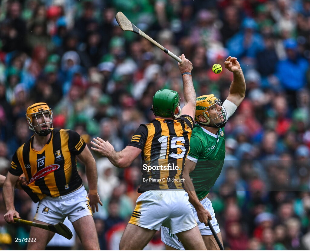 23 July 2023; Dan Morrissey of Limerick in action against Eoin Cody of Kilkenny during the GAA Hurling All-Ireland Senior Championship final match between Kilkenny and Limerick at Croke Park in Dublin. Photo by Piaras Ó Mídheach/Sportsfile