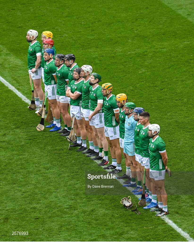 23 July 2023; The Limerick team stand together for the national anthem ahead of the GAA Hurling All-Ireland Senior Championship final match between Kilkenny and Limerick at Croke Park in Dublin. Photo by Daire Brennan/Sportsfile