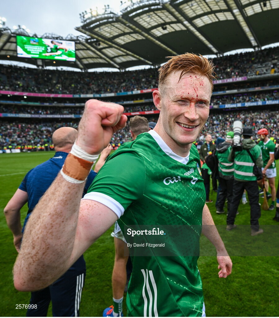 23 July 2023; William O'Donoghue of Limerick celebrates after the GAA Hurling All-Ireland Senior Championship final match between Kilkenny and Limerick at Croke Park in Dublin. Photo by David Fitzgerald/Sportsfile