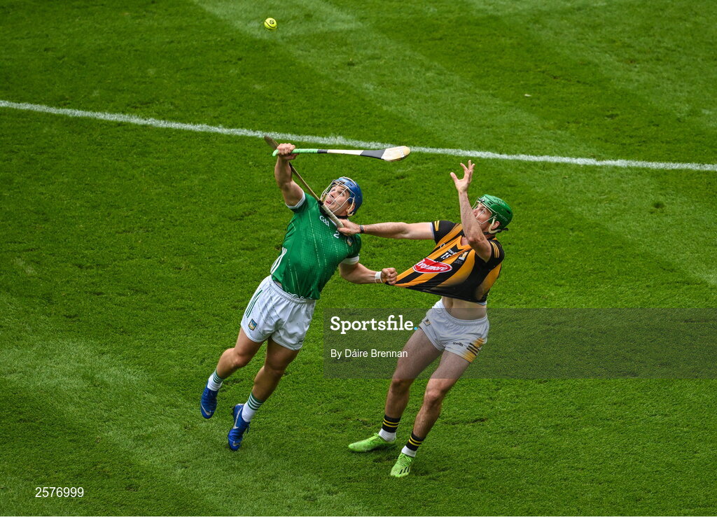 23 July 2023; Mike Casey of Limerick in action against Eoin Cody of Kilkenny during the GAA Hurling All-Ireland Senior Championship final match between Kilkenny and Limerick at Croke Park in Dublin. Photo by Daire Brennan/Sportsfile