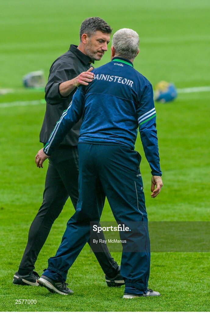 23 July 2023; Kilkenny manager Derek Lyng and Limerick manager John Kiely after  the GAA Hurling All-Ireland Senior Championship final match between Kilkenny and Limerick at Croke Park in Dublin. Photo by Ray McManus/Sportsfile