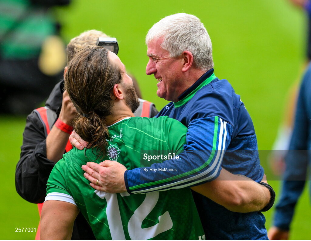 23 July 2023; Limerick manager John Kiely and Tom Morrissey celebrate after the GAA Hurling All-Ireland Senior Championship final match between Kilkenny and Limerick at Croke Park in Dublin. Photo by Ray McManus/Sportsfile