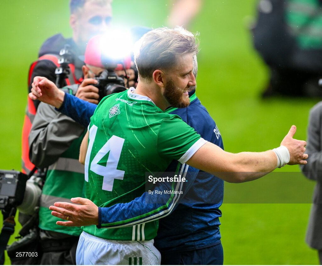 23 July 2023; Limerick manager John Kiely and Séamus Flanagan celebrate after the GAA Hurling All-Ireland Senior Championship final match between Kilkenny and Limerick at Croke Park in Dublin. Photo by Ray McManus/Sportsfile
