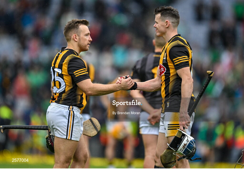 23 July 2023; Richie Hogan, left, and TJ Reid of Kilkenny after their side's defeat in the GAA Hurling All-Ireland Senior Championship final match between Kilkenny and Limerick at Croke Park in Dublin. Photo by Brendan Moran/Sportsfile