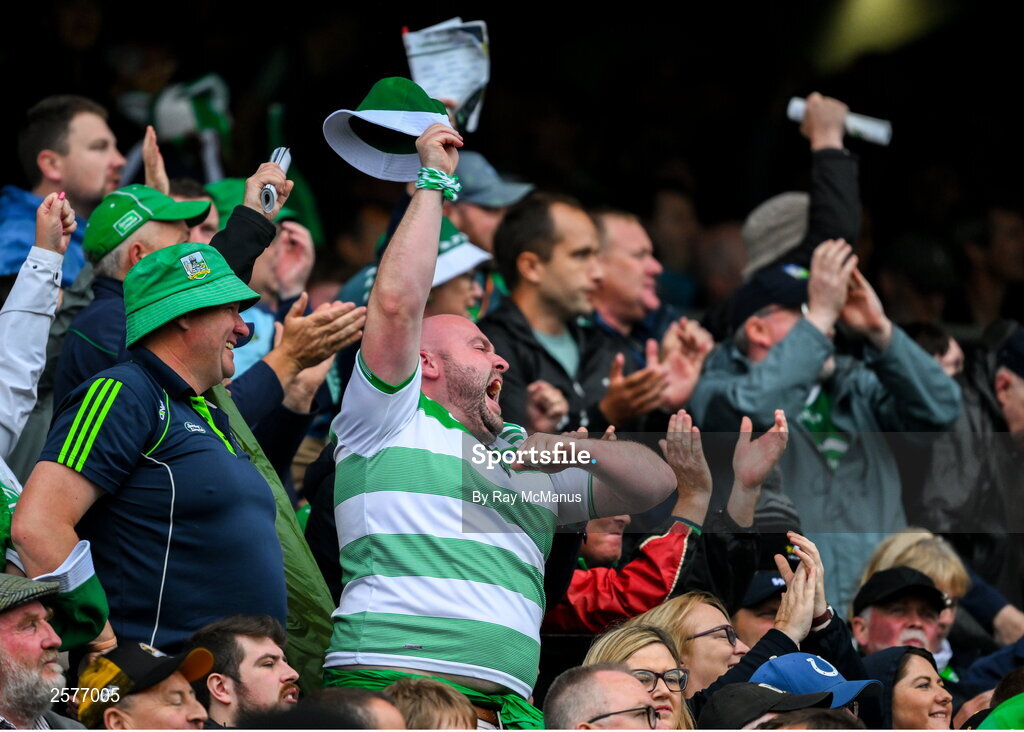 23 July 2023; Limerick supporters, in the Cusack Stand, cheer a late score during the GAA Hurling All-Ireland Senior Championship final match between Kilkenny and Limerick at Croke Park in Dublin. Photo by Ray McManus/Sportsfile