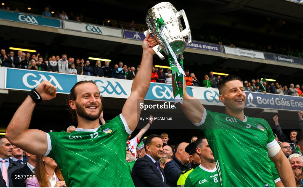 23 July 2023; Brothers Tom Morrissey and Dan Morrissey of Limerick lift the Liam MacCarthy Cup after the GAA Hurling All-Ireland Senior Championship final match between Kilkenny and Limerick at Croke Park in Dublin. Photo by Ray McManus/Sportsfile