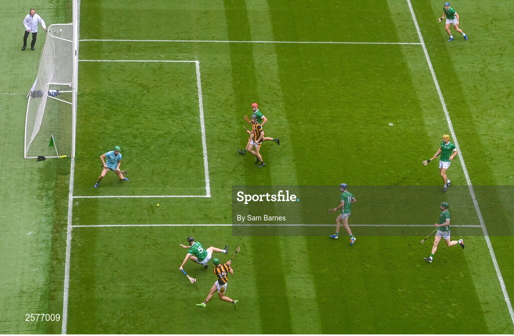 23 July 2023; Eoin Cody of Kilkenny shoots wide under pressure from Diarmaid Byrnes of Limerick during the GAA Hurling All-Ireland Senior Championship final match between Kilkenny and Limerick at Croke Park in Dublin. Photo by Sam Barnes/Sportsfile