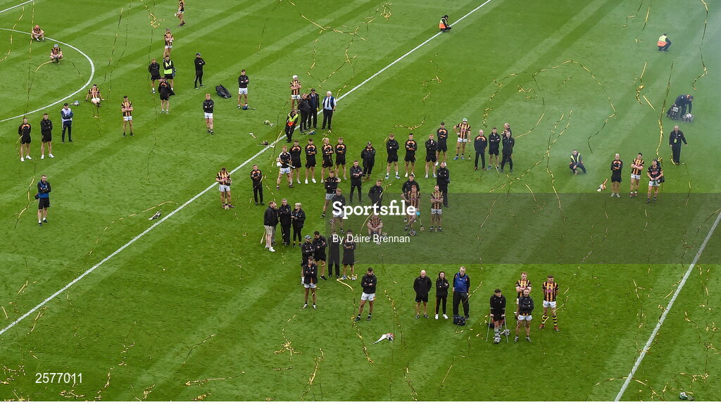 23 July 2023; Dejected Kilkenny players watch the presentation after the GAA Hurling All-Ireland Senior Championship final match between Kilkenny and Limerick at Croke Park in Dublin. Photo by Daire Brennan/Sportsfile