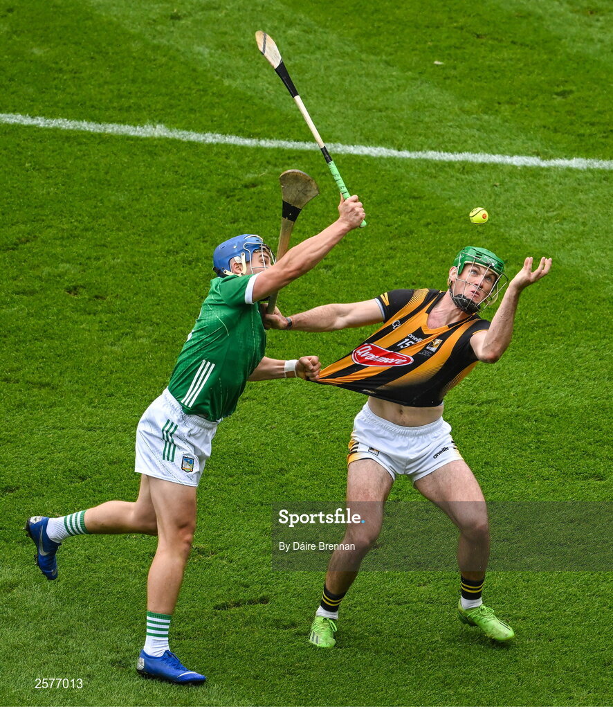23 July 2023; Eoin Cody of Kilkenny in action against Mike Casey of Limerick during the GAA Hurling All-Ireland Senior Championship final match between Kilkenny and Limerick at Croke Park in Dublin. Photo by Daire Brennan/Sportsfile