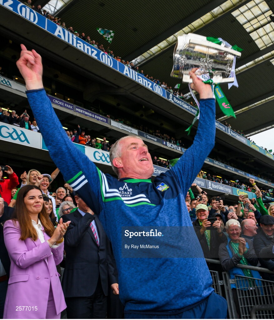 23 July 2023; Limerick manager John Kiely lifts the Liam MacCarthy Cup after the GAA Hurling All-Ireland Senior Championship final match between Kilkenny and Limerick at Croke Park in Dublin. Photo by Ray McManus/Sportsfile