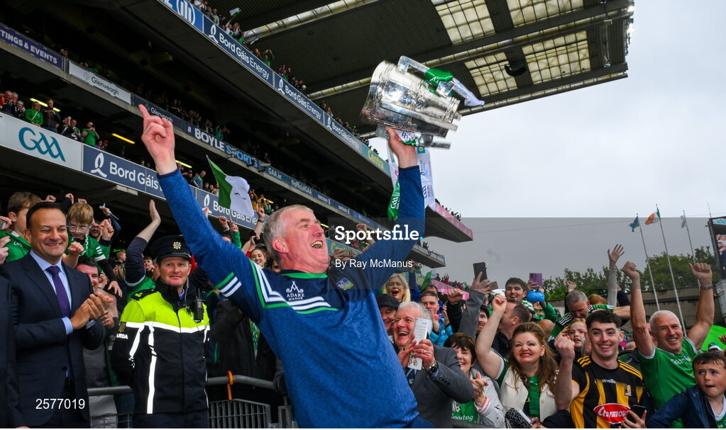 23 July 2023; Limerick manager John Kiely lifts the Liam MacCarthy Cup after the GAA Hurling All-Ireland Senior Championship final match between Kilkenny and Limerick at Croke Park in Dublin. Photo by Ray McManus/Sportsfile