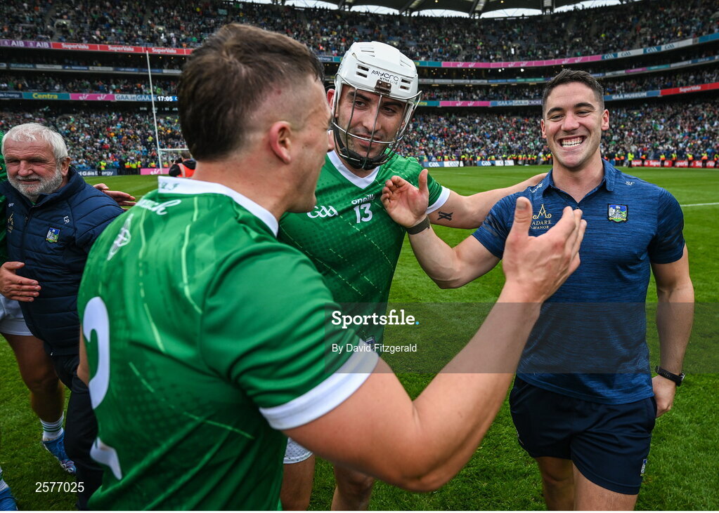 23 July 2023; Limerick players, from right, Sean Finn, Aaron Gillane and Mike Casey after the GAA Hurling All-Ireland Senior Championship final match between Kilkenny and Limerick at Croke Park in Dublin. Photo by David Fitzgerald/Sportsfile