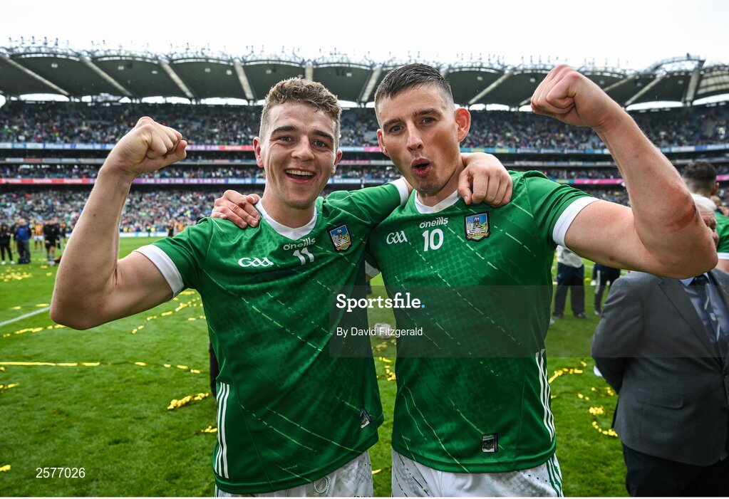 23 July 2023; David Reidy, left, and Gearóid Hegarty of Limerick after the GAA Hurling All-Ireland Senior Championship final match between Kilkenny and Limerick at Croke Park in Dublin. Photo by David Fitzgerald/Sportsfile