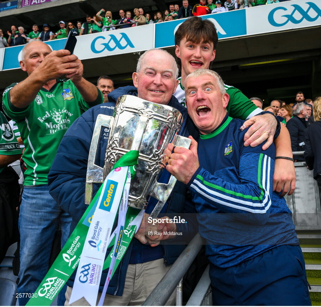 23 July 2023; Limerick manager John Kiely and six time All Star Joe McKenna celebrate with the Liam MacCarthy Cup after the GAA Hurling All-Ireland Senior Championship final match between Kilkenny and Limerick at Croke Park in Dublin. Photo by Ray McManus/Sportsfile