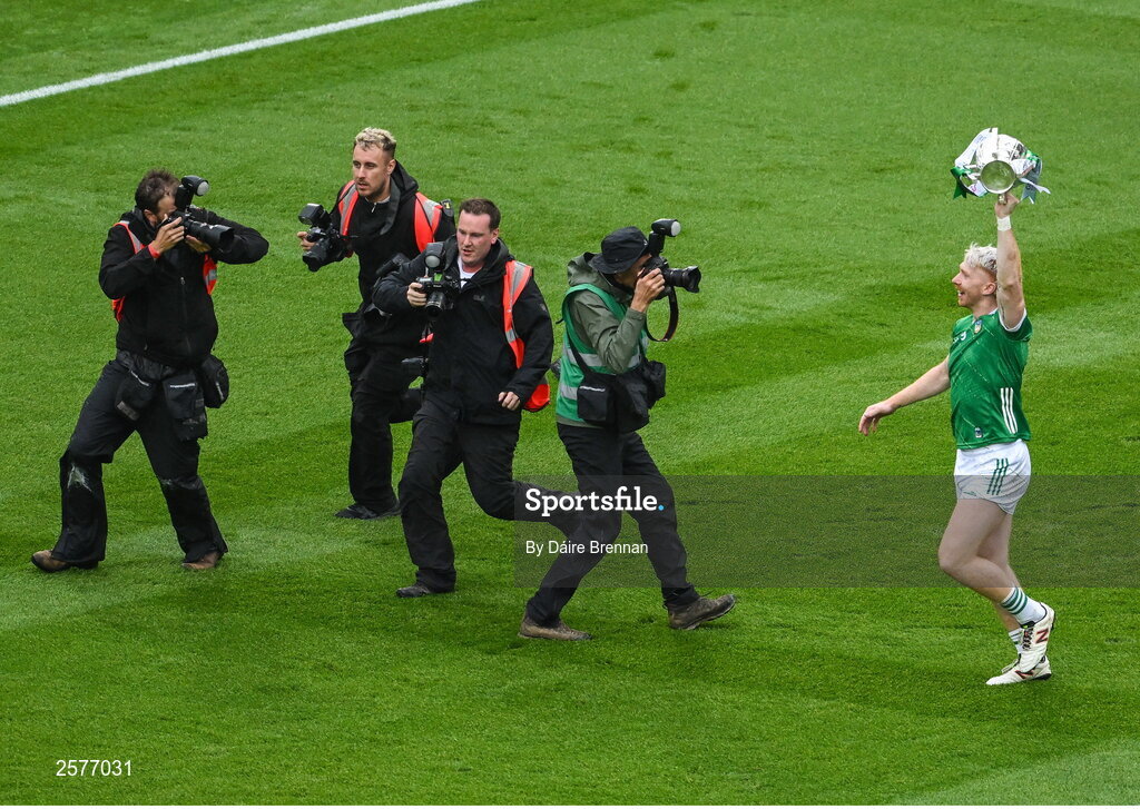 23 July 2023; Cian Lynch of Limerick celebrates with the Liam MacCarthy cup after the GAA Hurling All-Ireland Senior Championship final match between Kilkenny and Limerick at Croke Park in Dublin. Photo by Daire Brennan/Sportsfile