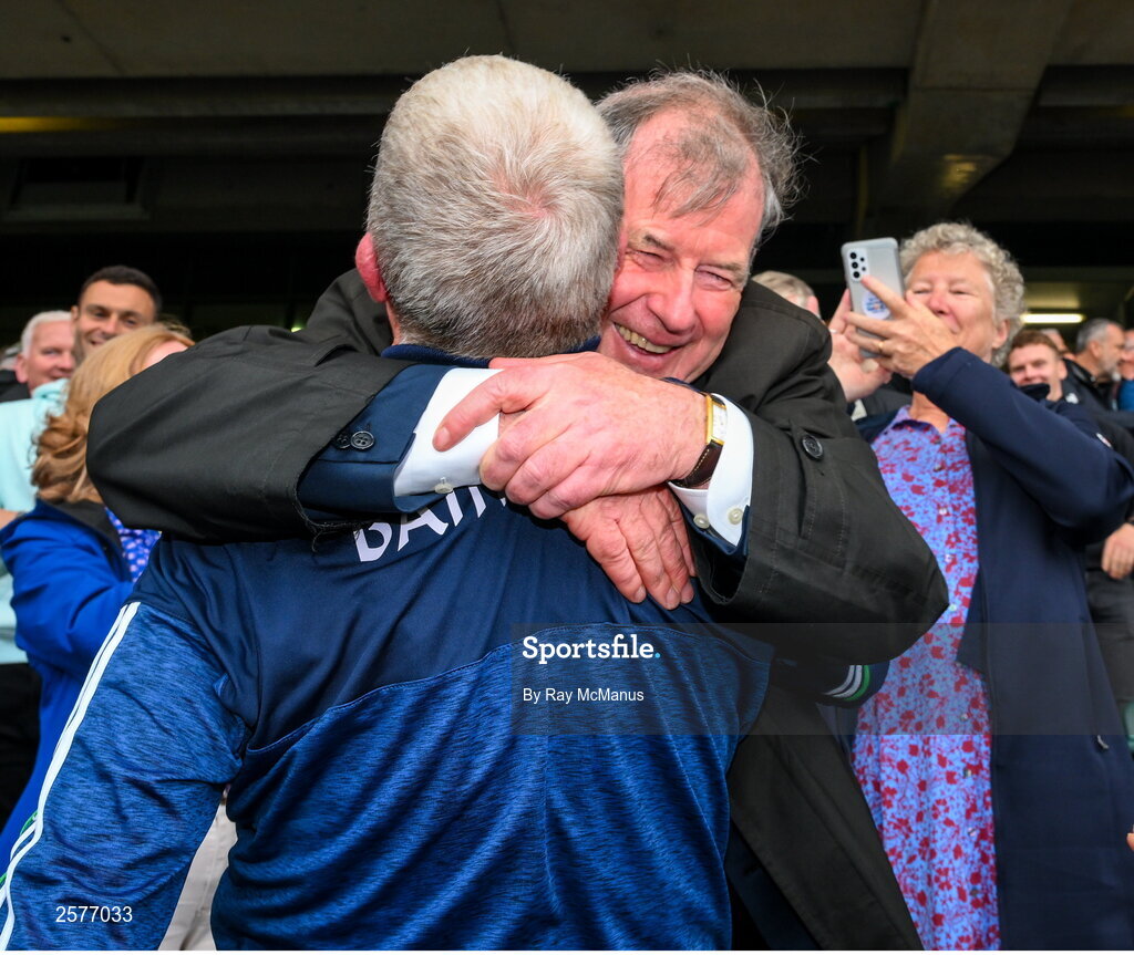 23 July 2023; Limerick manager John Kiely celebrates with businessman JP McManus after the GAA Hurling All-Ireland Senior Championship final match between Kilkenny and Limerick at Croke Park in Dublin. Photo by Ray McManus/Sportsfile