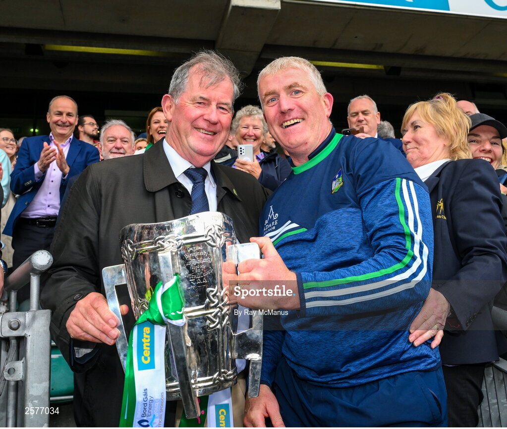 23 July 2023; Limerick manager John Kiely celebrates with businessman JP McManus and the Lian MacCarthy Cup after the GAA Hurling All-Ireland Senior Championship final match between Kilkenny and Limerick at Croke Park in Dublin. Photo by Ray McManus/Sportsfile