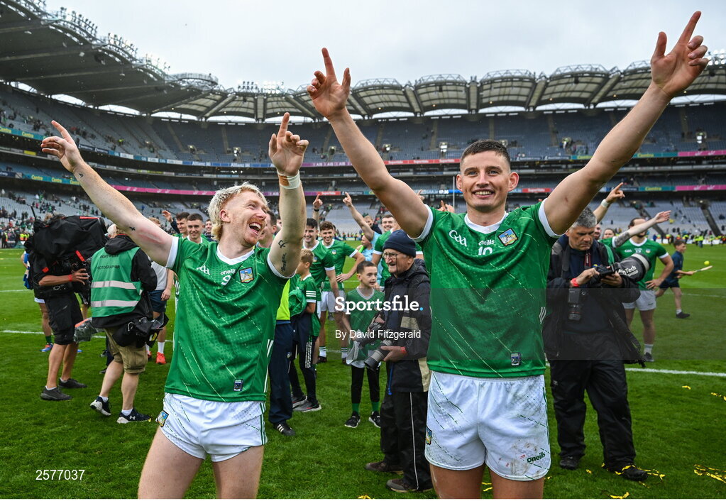 23 July 2023; Gearóid Hegarty, right, and Cian Lynch of Limerick celebrate in front of Hill 16 after the GAA Hurling All-Ireland Senior Championship final match between Kilkenny and Limerick at Croke Park in Dublin. Photo by David Fitzgerald/Sportsfile