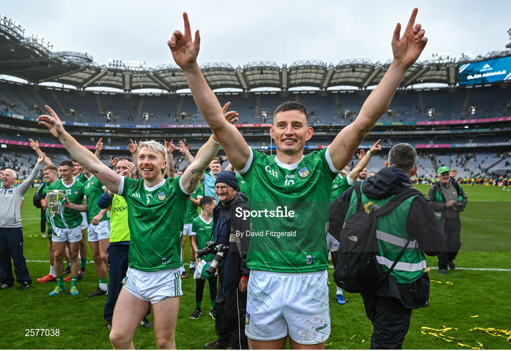 23 July 2023; Gearóid Hegarty, right, and Cian Lynch of Limerick celebrate in front of Hill 16 after the GAA Hurling All-Ireland Senior Championship final match between Kilkenny and Limerick at Croke Park in Dublin. Photo by David Fitzgerald/Sportsfile