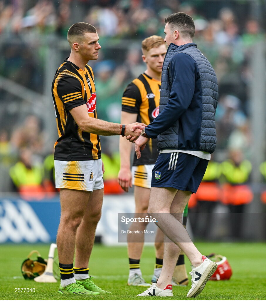 23 July 2023; Injured Limerick captain Declan Hannon, right, commisserates with Eoin Cody of Kilkenny after the GAA Hurling All-Ireland Senior Championship final match between Kilkenny and Limerick at Croke Park in Dublin. Photo by Brendan Moran/Sportsfile