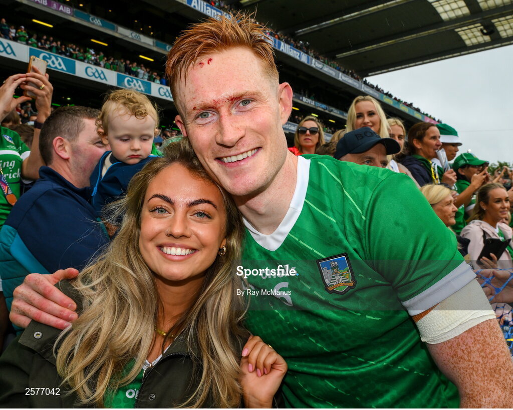 23 July 2023; William O'Donoghue of Limerick with his girlfriend Gemma Cowen after the GAA Hurling All-Ireland Senior Championship final match between Kilkenny and Limerick at Croke Park in Dublin. Photo by Ray McManus/Sportsfile