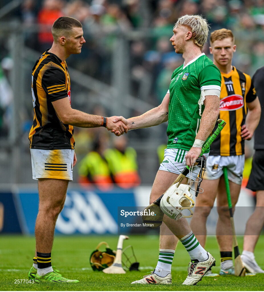 23 July 2023; Cian Lynch of Limerick, right, commisserates with Eoin Cody of Kilkenny after the GAA Hurling All-Ireland Senior Championship final match between Kilkenny and Limerick at Croke Park in Dublin. Photo by Brendan Moran/Sportsfile