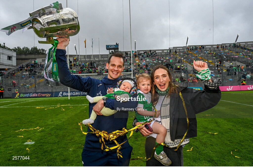 23 July 2023; Limerick selector Paul Kinnerk with wife Maggie, and their children Paul, 4 weeks, and Enya, age 4, after the GAA Hurling All-Ireland Senior Championship final match between Kilkenny and Limerick at Croke Park in Dublin. Photo by Ramsey Cardy/Sportsfile