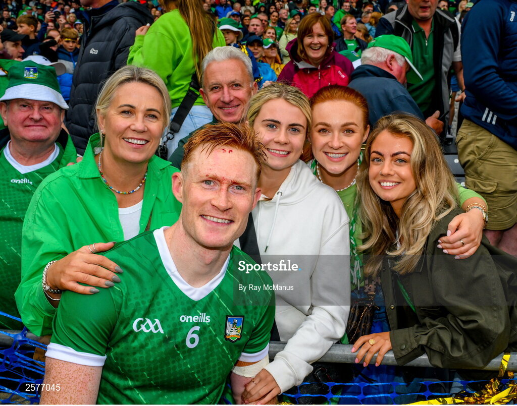 23 July 2023; William O'Donoghue of Limerick with family and girlfriend Gemma Cowen, right, after the GAA Hurling All-Ireland Senior Championship final match between Kilkenny and Limerick at Croke Park in Dublin. Photo by Ray McManus/Sportsfile