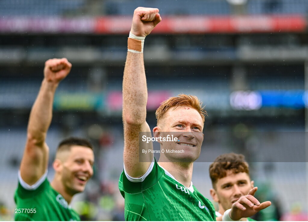 23 July 2023; William O'Donoghue of Limerick celebrates after his side's victory in the GAA Hurling All-Ireland Senior Championship final match between Kilkenny and Limerick at Croke Park in Dublin. Photo by Piaras Ó Mídheach/Sportsfile