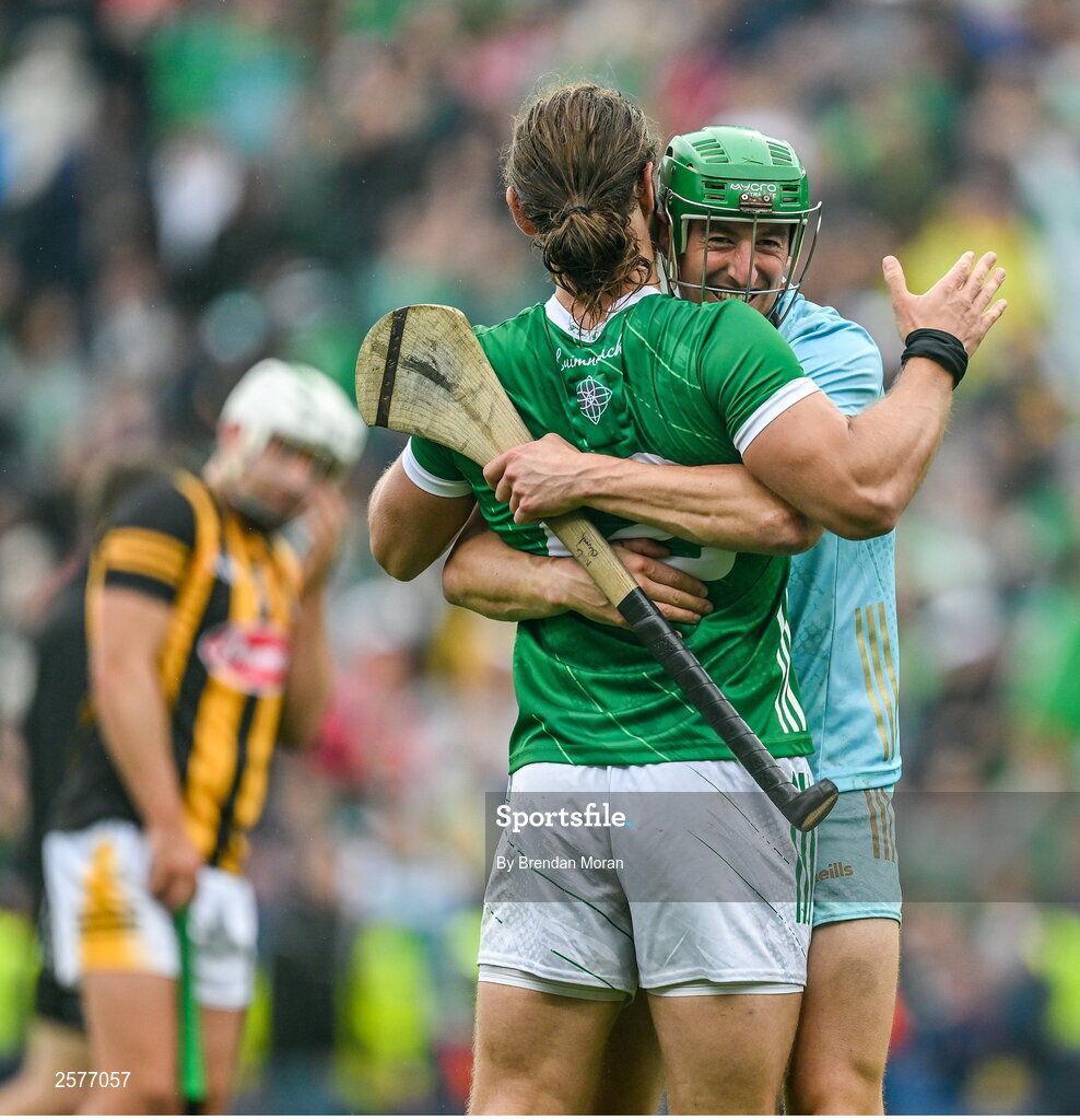 23 July 2023; Tom Morrissey, left, and Nickie Quaid of Limerick celbrate at the final whistle of the GAA Hurling All-Ireland Senior Championship final match between Kilkenny and Limerick at Croke Park in Dublin. Photo by Brendan Moran/Sportsfile