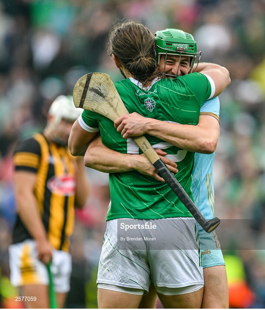 23 July 2023; Tom Morrissey, left, and Nickie Quaid of Limerick celebrate at the final whistle of the GAA Hurling All-Ireland Senior Championship final match between Kilkenny and Limerick at Croke Park in Dublin. Photo by Brendan Moran/Sportsfile