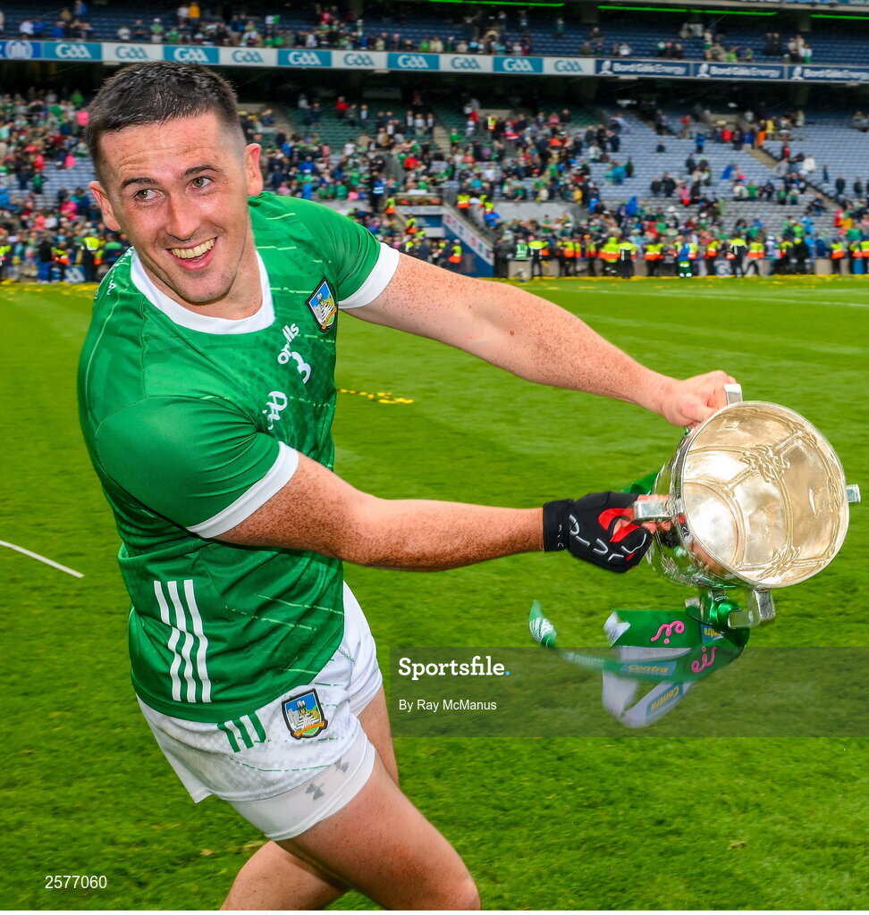 23 July 2023; Darragh O'Donovan of Limerick with the Liam MacCarthy Cup after the GAA Hurling All-Ireland Senior Championship final match between Kilkenny and Limerick at Croke Park in Dublin. Photo by Ray McManus/Sportsfile