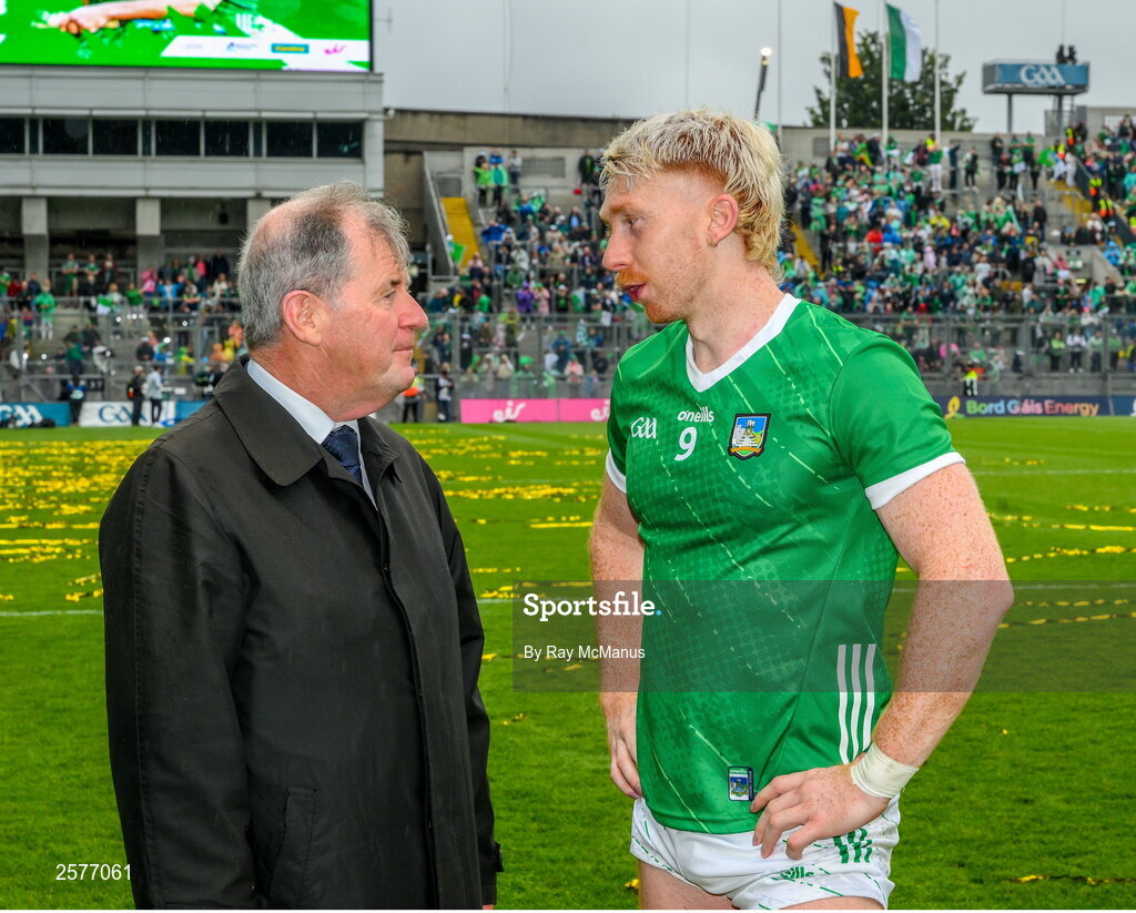23 July 2023; Limerick captain Cian Lynch with businessman JP McManus after the GAA Hurling All-Ireland Senior Championship final match between Kilkenny and Limerick at Croke Park in Dublin. Photo by Ray McManus/Sportsfile