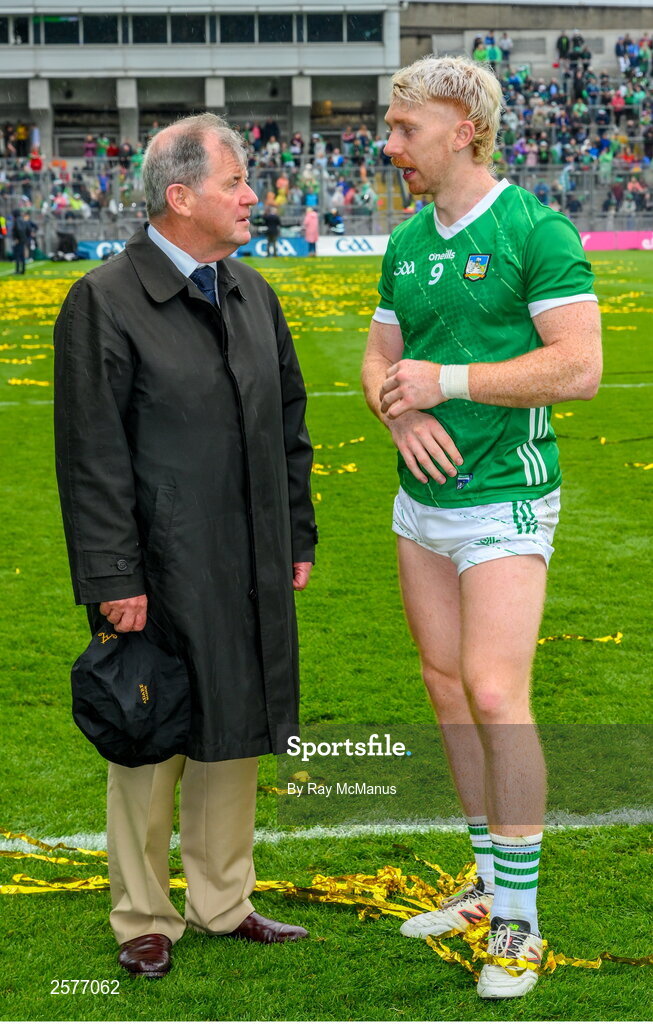 23 July 2023; Limerick captain Cian Lynch with businessman JP McManus after the GAA Hurling All-Ireland Senior Championship final match between Kilkenny and Limerick at Croke Park in Dublin. Photo by Ray McManus/Sportsfile