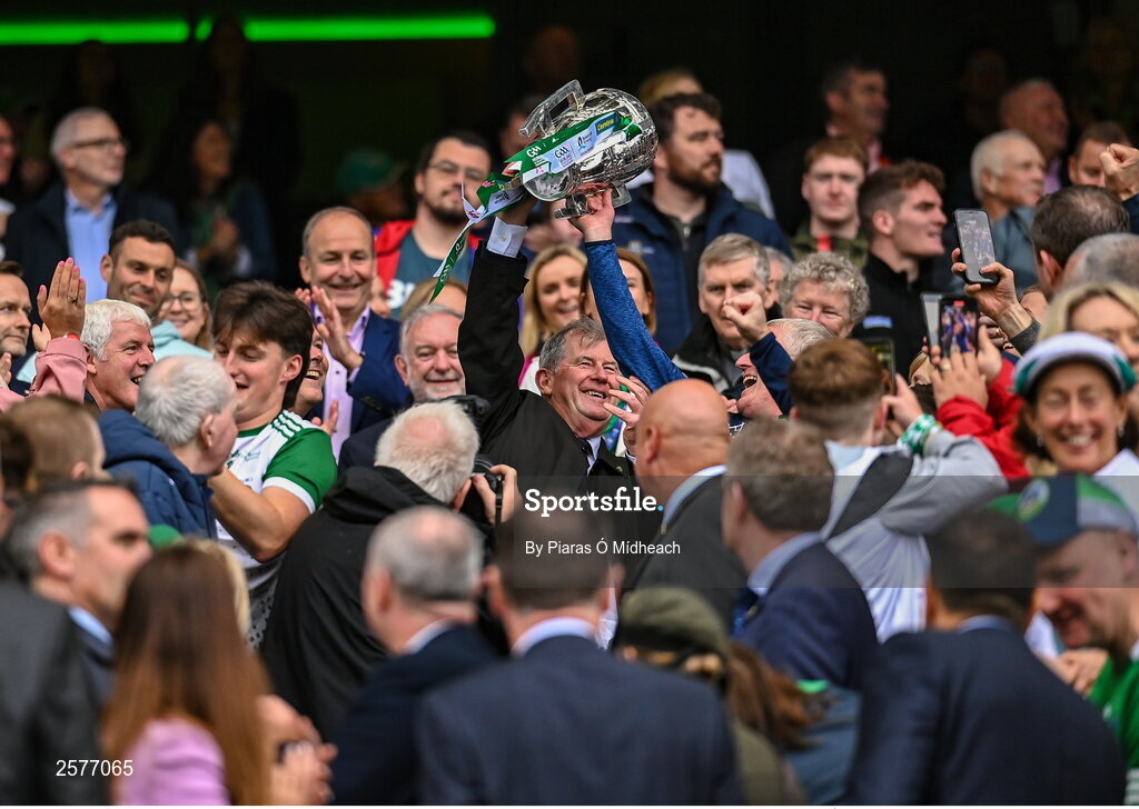 23 July 2023; Businessman and Limerick supporter JP McManus celebrates with the Liam MacCarthy cup after the GAA Hurling All-Ireland Senior Championship final match between Kilkenny and Limerick at Croke Park in Dublin. Photo by Piaras Ó Mídheach/Sportsfile