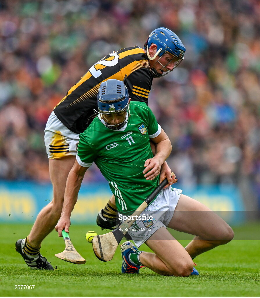 23 July 2023; David Reidy of Limerick is tackled by John Donnelly of Kilkenny during the GAA Hurling All-Ireland Senior Championship final match between Kilkenny and Limerick at Croke Park in Dublin. Photo by Brendan Moran/Sportsfile