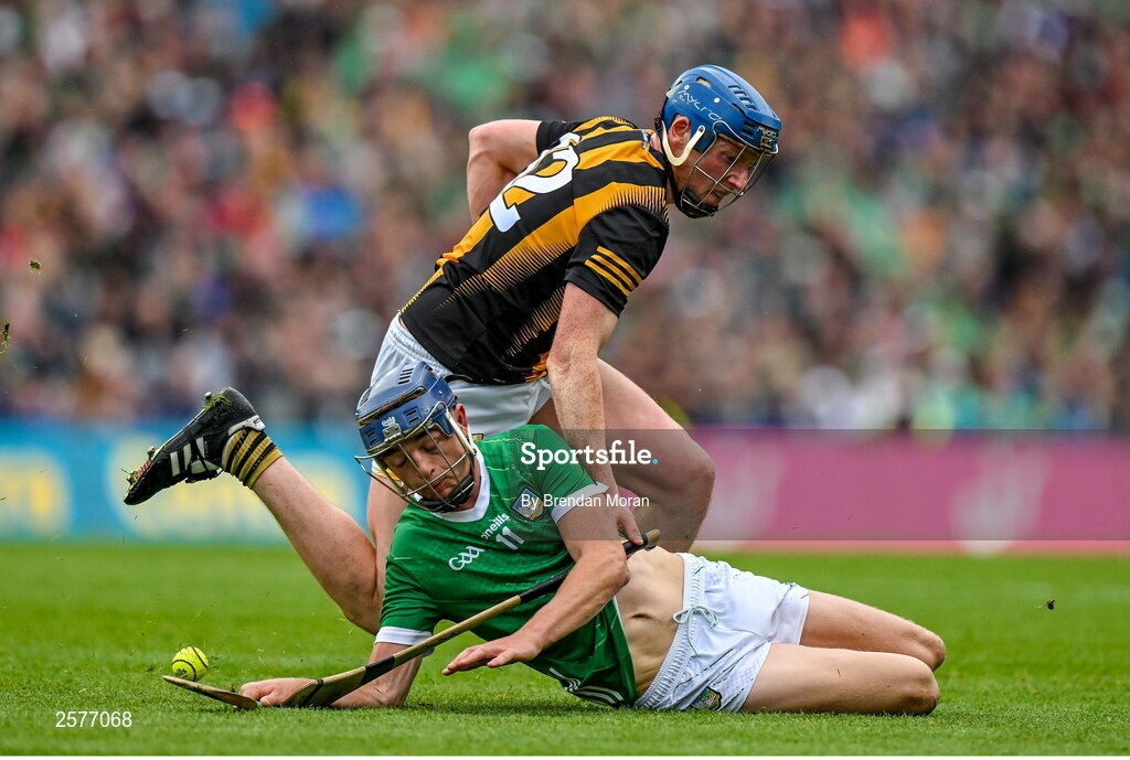 23 July 2023; David Reidy of Limerick is tackled by John Donnelly of Kilkenny during the GAA Hurling All-Ireland Senior Championship final match between Kilkenny and Limerick at Croke Park in Dublin. Photo by Brendan Moran/Sportsfile