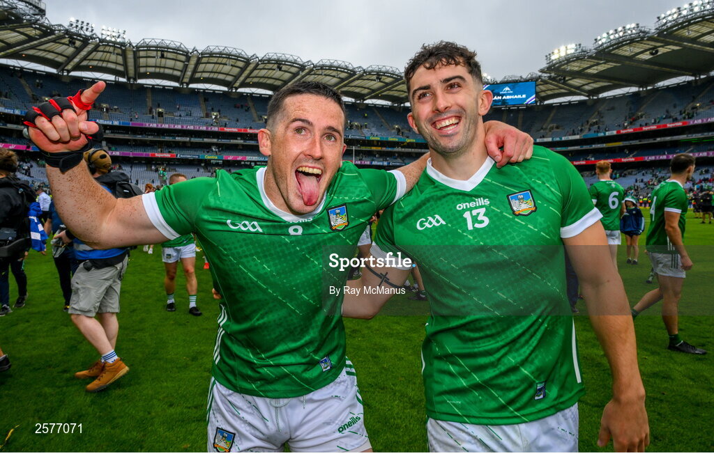 23 July 2023; Darragh O'Donovan, left and Aaron Gillane of Limerick celebrate after the GAA Hurling All-Ireland Senior Championship final match between Kilkenny and Limerick at Croke Park in Dublin. Photo by Ray McManus/Sportsfile