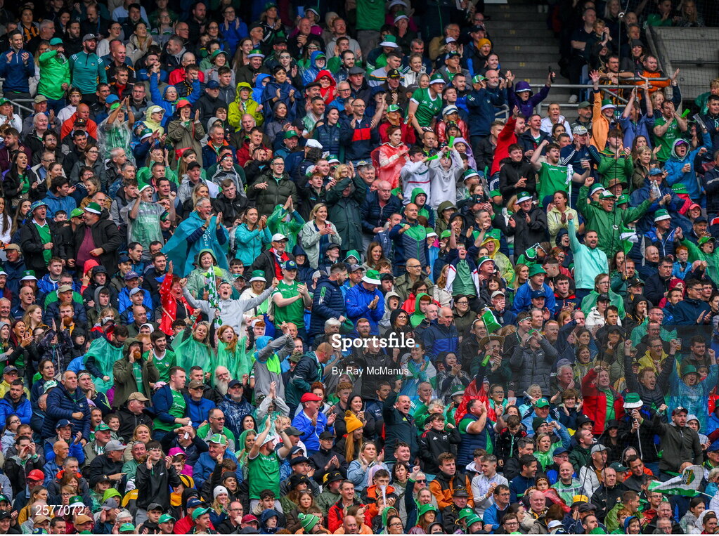 23 July 2023; Limerick supporters, in the Davin Stand, celebrate their side's 20th point during the GAA Hurling All-Ireland Senior Championship final match between Kilkenny and Limerick at Croke Park in Dublin. Photo by Ray McManus/Sportsfile