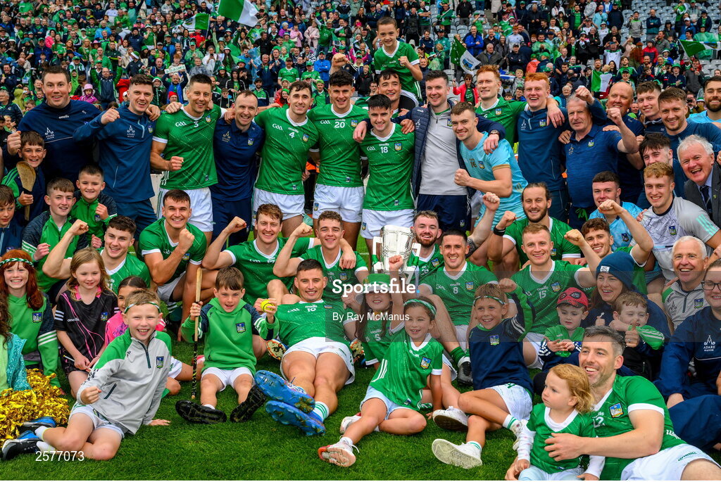 23 July 2023; Limerick players and officials celebrate with the Liam MacCarthy Cup after the GAA Hurling All-Ireland Senior Championship final match between Kilkenny and Limerick at Croke Park in Dublin. Photo by Ray McManus/Sportsfile