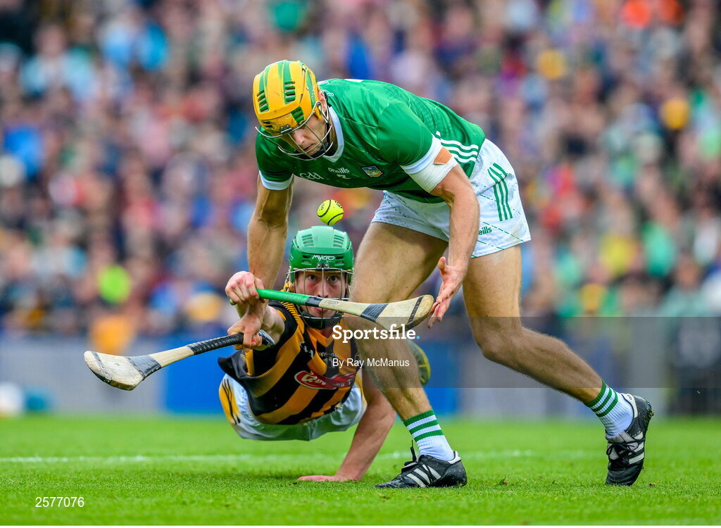 23 July 2023; Dan Morrissey of Limerick wins possession ahead of Martin Keoghan of Kilkenny during the GAA Hurling All-Ireland Senior Championship final match between Kilkenny and Limerick at Croke Park in Dublin. Photo by Ray McManus/Sportsfile