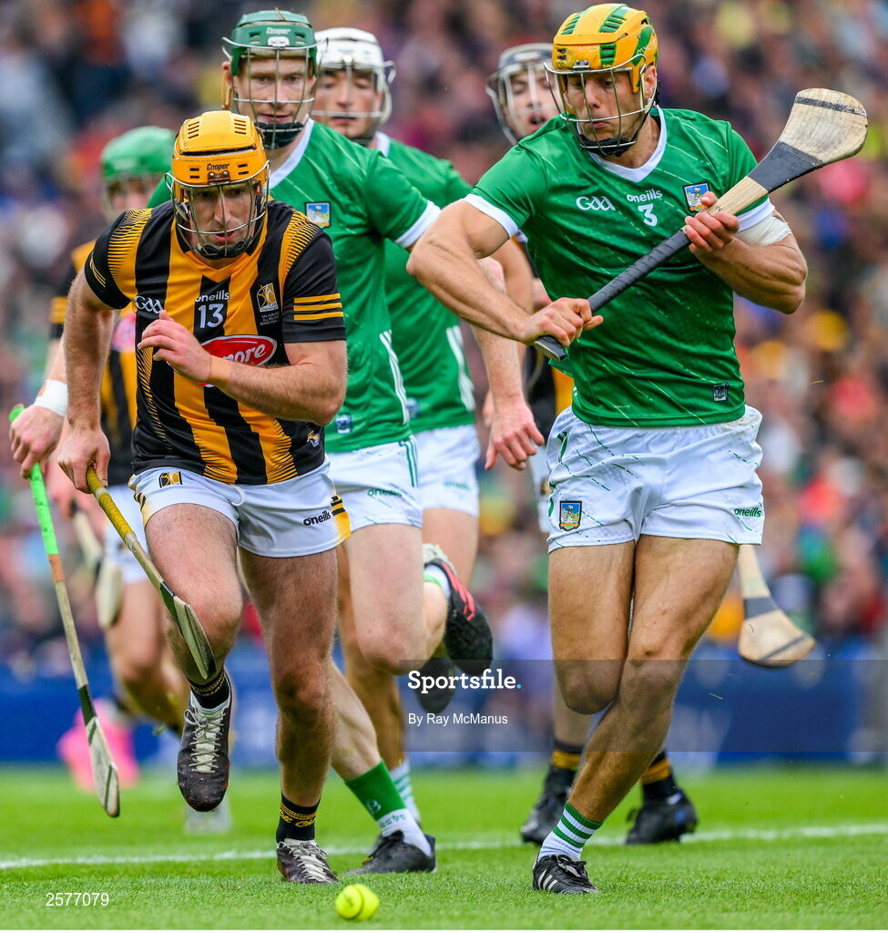 23 July 2023; Dan Morrissey of Limerick in action against Billy Ryan of Kilkenny during the GAA Hurling All-Ireland Senior Championship final match between Kilkenny and Limerick at Croke Park in Dublin. Photo by Ray McManus/Sportsfile