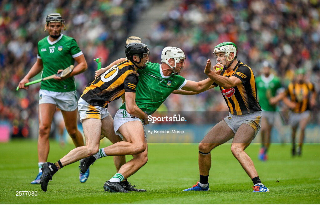 23 July 2023; Kyle Hayes of Limerick is tackled by Tom Phelan, left, and Paddy Deegan of Kilkenny during the GAA Hurling All-Ireland Senior Championship final match between Kilkenny and Limerick at Croke Park in Dublin. Photo by Brendan Moran/Sportsfile